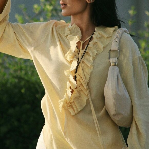 Yellow Casual Women's V-Neck Long Sleeve Blouse with Lace-Up Details - Picture 3 of 11